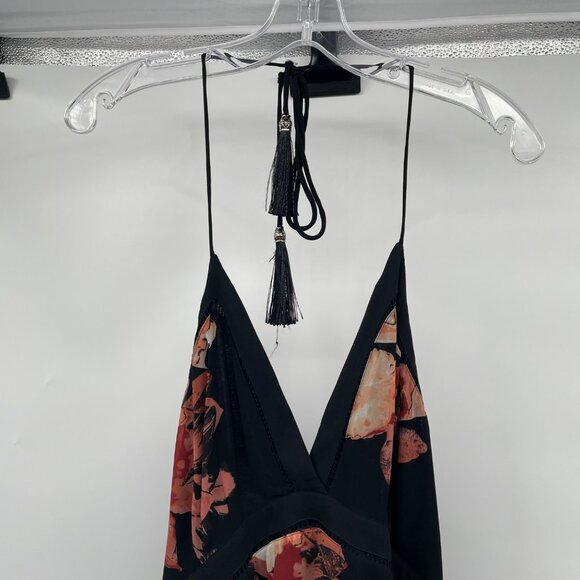 WHBM Floral Hi Low Slip Dress Halter Tie Neck Black/Multi Size 12 Tassels - Picture 2 of 8